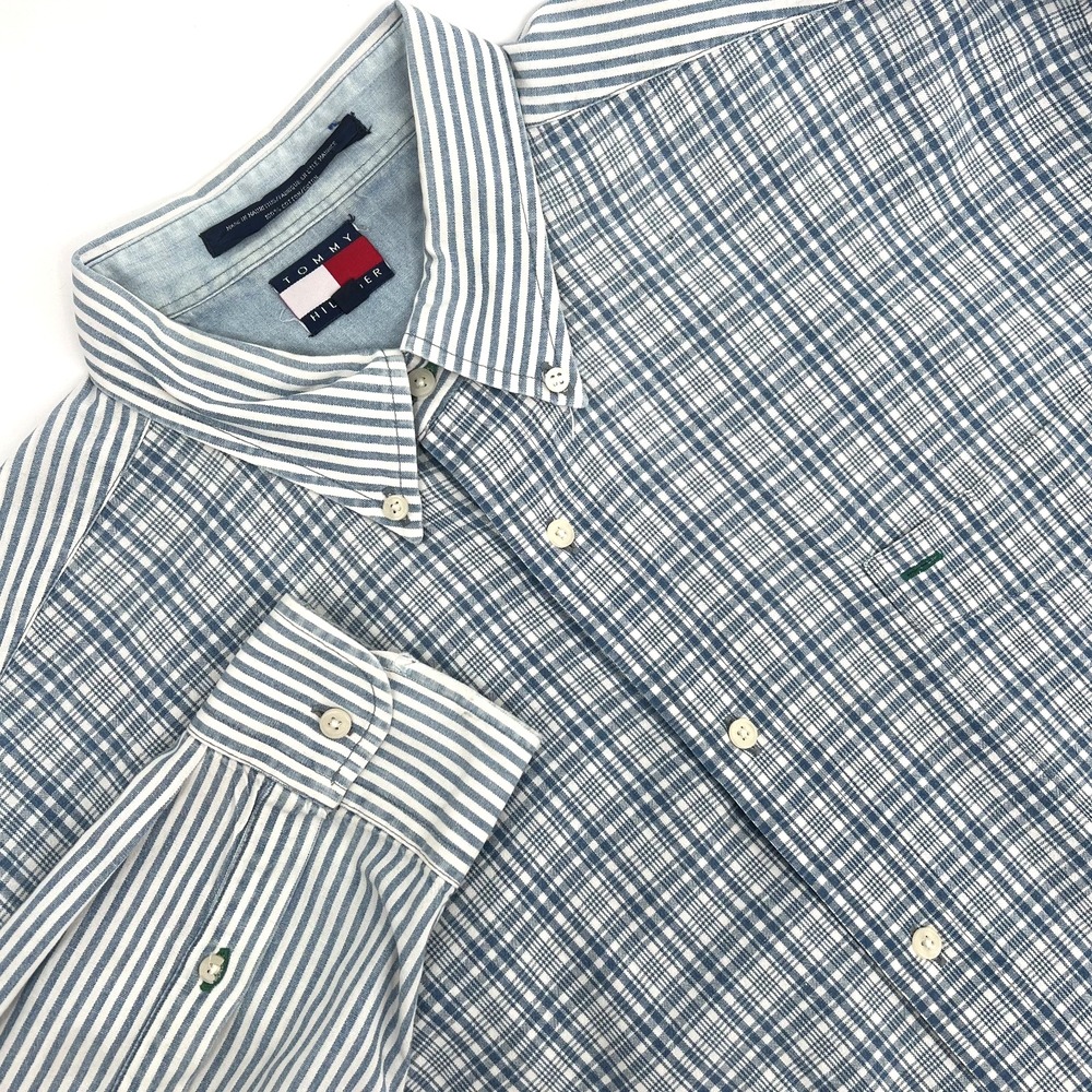 TOMMY HILFIGER Men's Sz L Vintage Chambray Long-Sleeve Button-Down Shirt Pocket